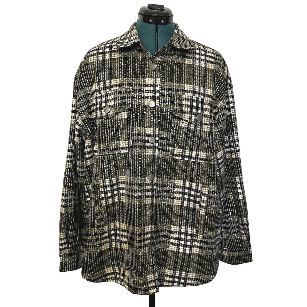 Miss Me Jacket Womens Medium Green Plaid Sequin Shacket Lined Snap Front Sparkle